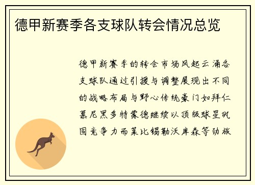 德甲新赛季各支球队转会情况总览